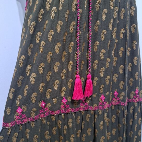 Fusion Printed Cultural Boho Tiered Paisley Midi Dress Olive/Pink Medium NWT - Picture 12 of 14
